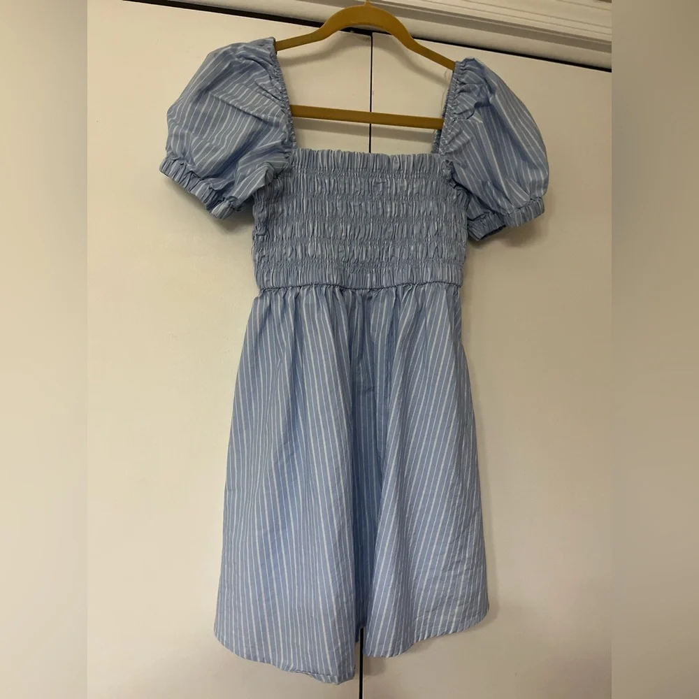 Celebrity Pink Blue and White Smocked Sundress with Puff Sleeves - Picture 1 of 4